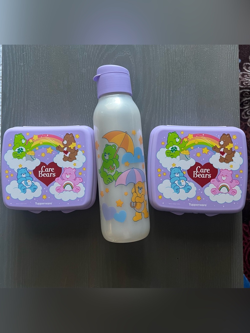 Tupperware Care Bears Lavender Snack Boxes and Matching Bottle Set